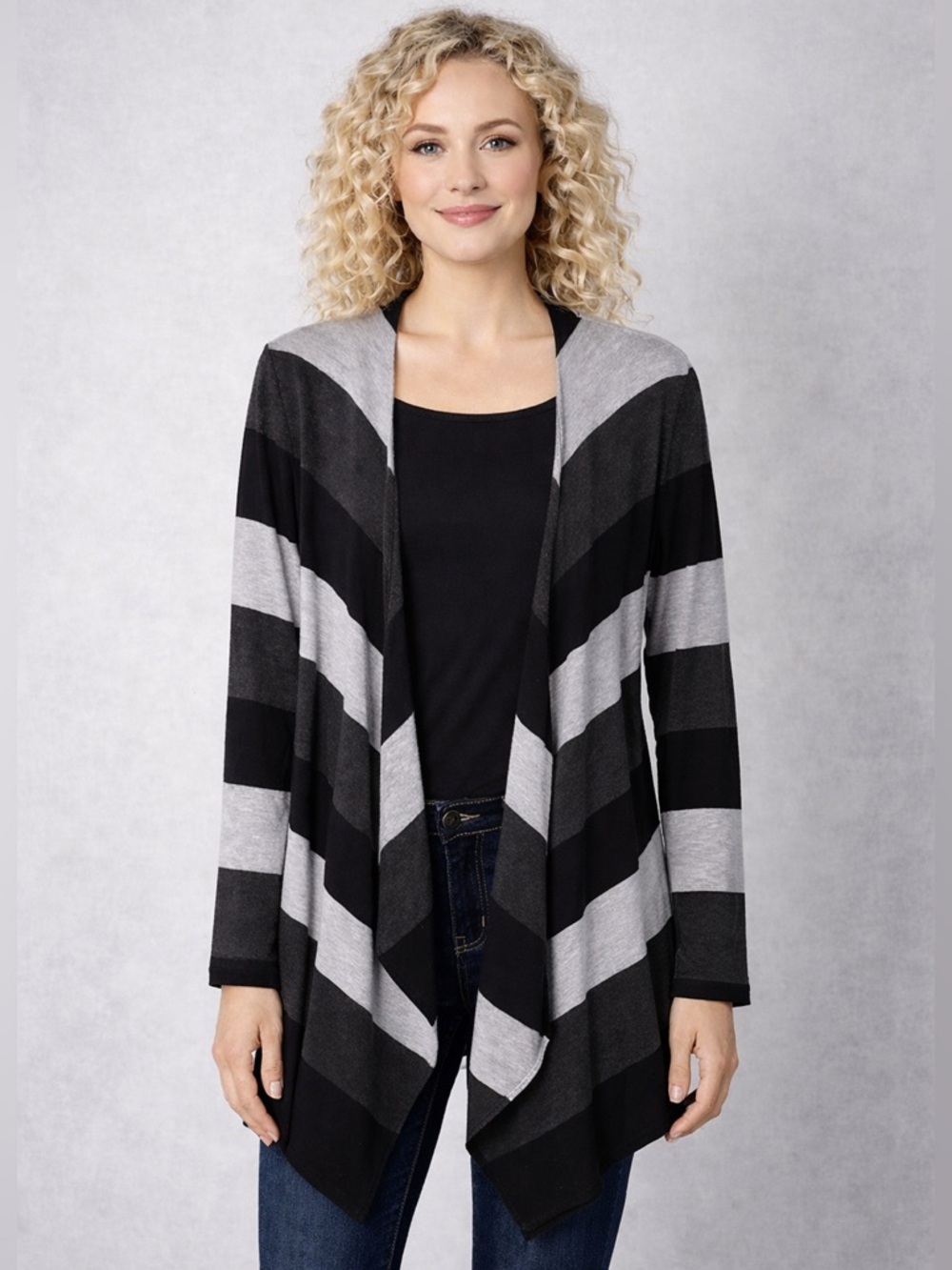 Joseph Ribkoff Black & Gray Striped Open Front Cardigan